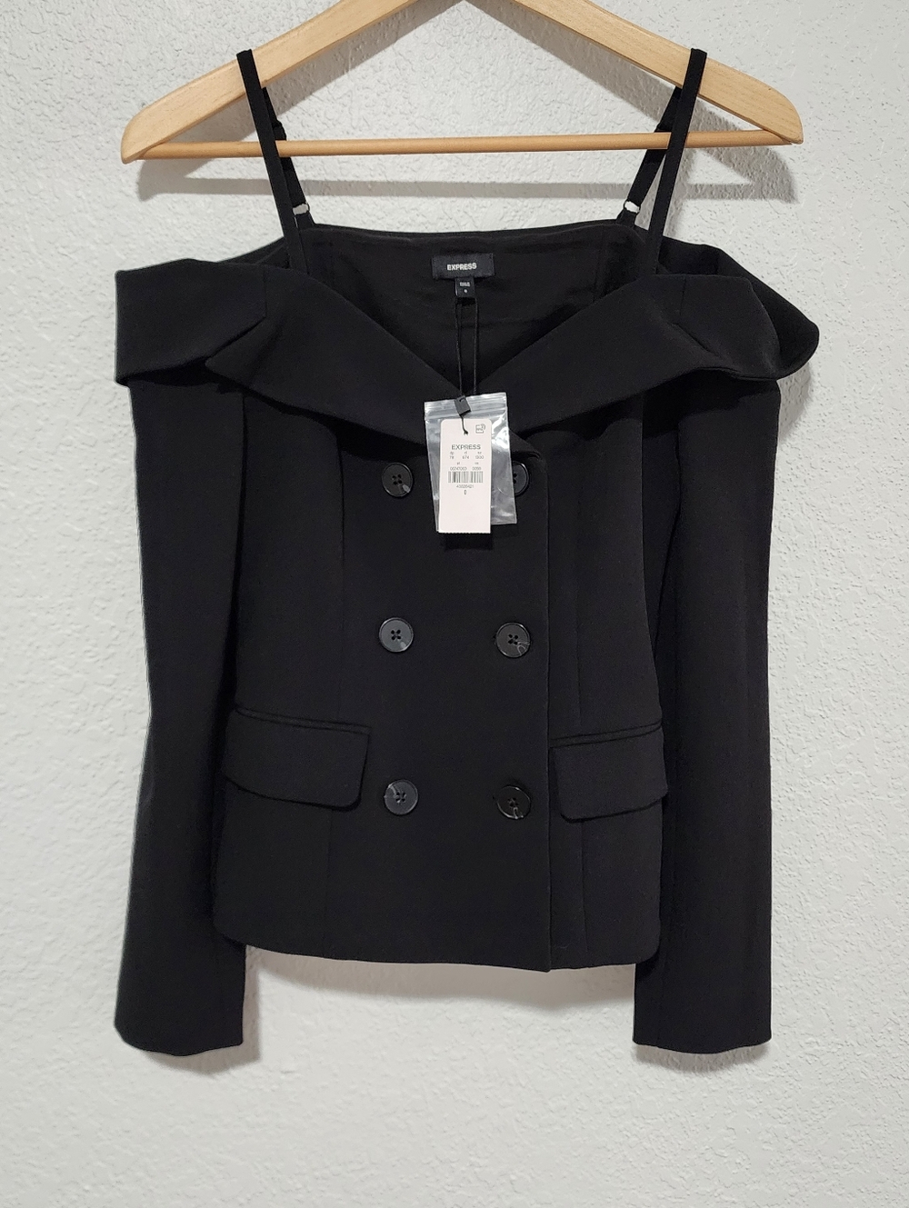 Express Off The Shoulder Double Breast Blazer Black Size 0 (XS) Edgy Professiona - Picture 1 of 11